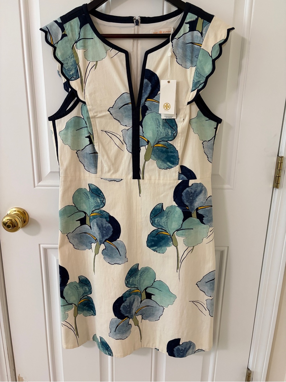 Tory Burch Cream Floral Mini Dress with Navy Trim